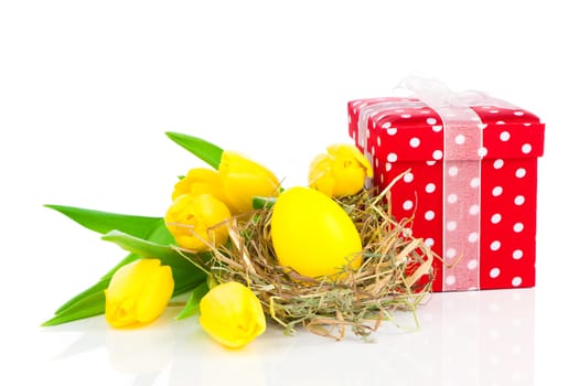 Easter egg with tulips, on a white background