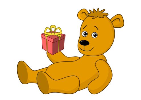 Cartoon teddy bear with a holiday box gift, isolated on white background