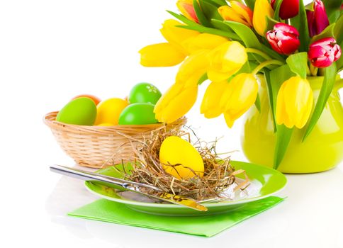 Easter eggs in a plate, on a white background
