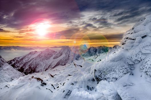 Winter mountains scenic view with frozen snow and icing, High Tatras, Slovakia