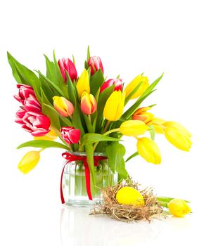 tulips flowers with easter egg on a white background