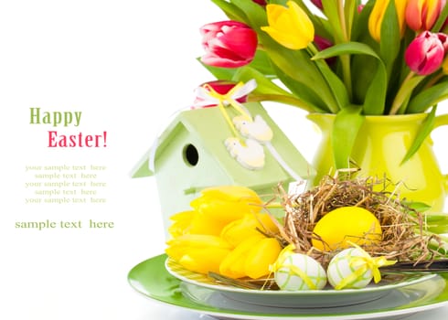 Easter eggs in a plate, on a white background