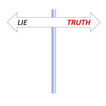 Two opposite arrows leading to truth or lie on a post in white background