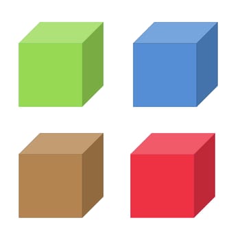 Four cubes green, blue, brown and red in white background