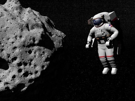 One astronaut in the universe near an asteroid to explore it