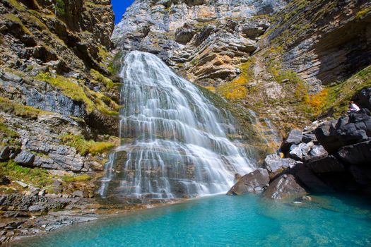 Cascada Cola de Caballo waterfall under Monte Perdido at Ordesa Valley Aragon Huesca Pyrenees of Spain