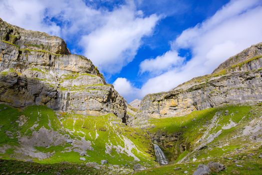 Cascada Cola de Caballo waterfall and Circo de Soaso at Ordesa Valley Aragon Huesca Pyrenees of Spain