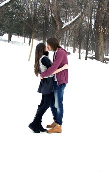 Young Couple kissing in winter landscape.
