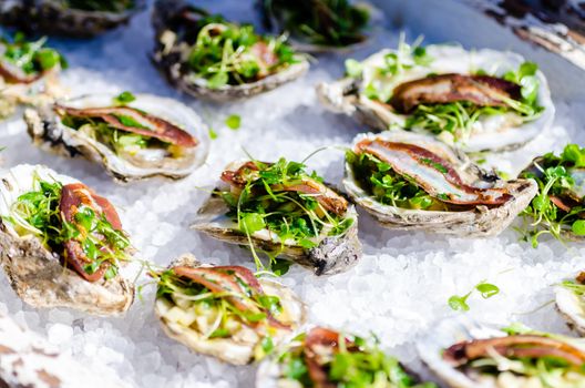 Gourmet oyster dish on ice.