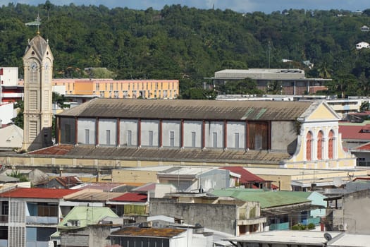 View over the roofs of Pointe-a-Pitre with the cathedral in the background, Guadeloupe, Caribbean