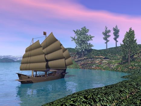 Oriental Sailing Junk boat by the sea with a mountainous panorama