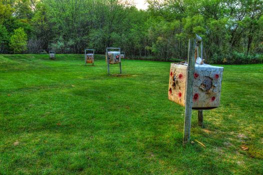 Field archery range in a grassy park in soft focus
