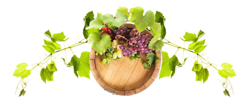 Grapes on wooden barrel with wine on a white