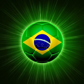 football - 3d shining soccer ball with Brazilian flag with lights and rays over green background