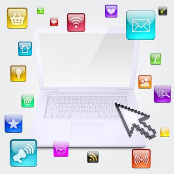 Laptop and application icons. The concept of software