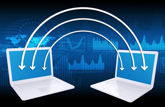 Two laptop and arrows. The concept of mobile communication