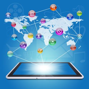 Tablet PC, earth map and application icons. The concept of software
