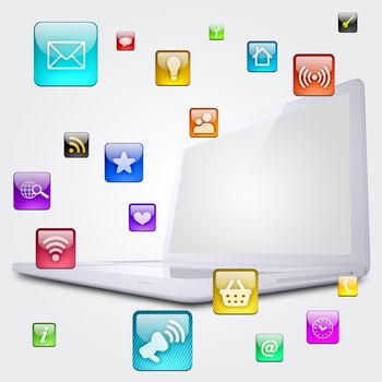Laptop and application icons. The concept of software