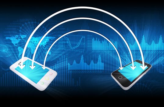 Two smartphone and arrows. The concept of mobile communication