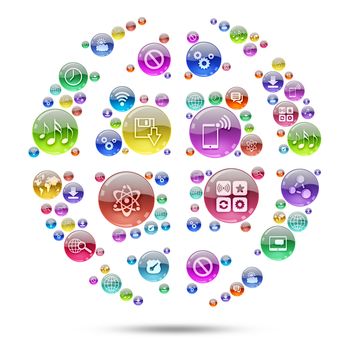 Silhouette sphere consisting of apps icons. The concept software