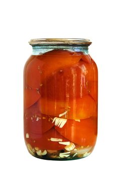 slices of canned pickled tomatoes homemade isolated on white background