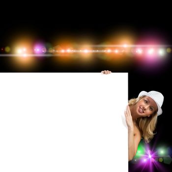 image of young attractive woman in bikini holding banner, copy space