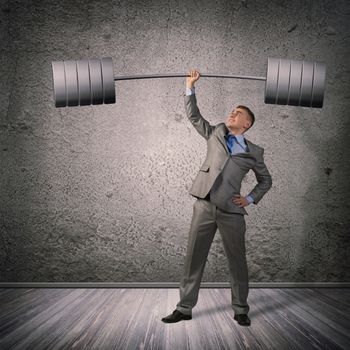 businessman holding a barbell with one hand, the concept of achievements in business