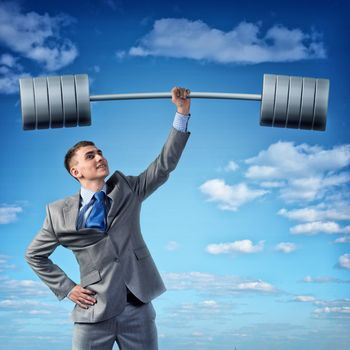 businessman holding a barbell with one hand, the concept of achievements in business