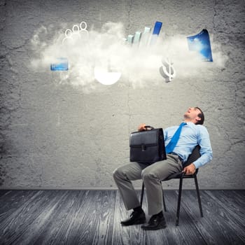 image of a business man looking at the flying business signs