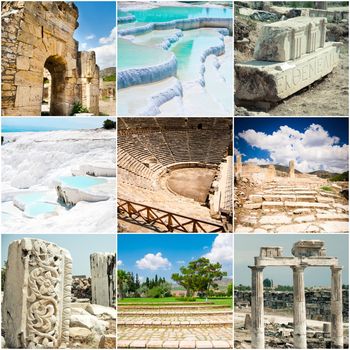 Sete didderent Sights of ancient Pamukkale in Turkey