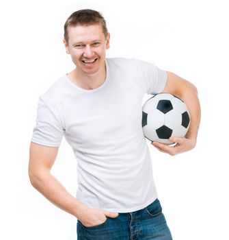 young man with a soccer ball on a white background