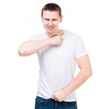 young man with a soccer ball on a white background