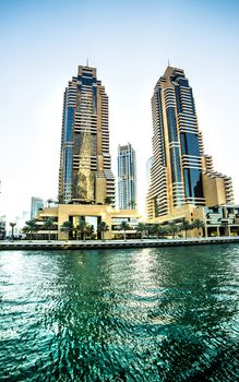 Dubai Marina skyscrapers. View from sea