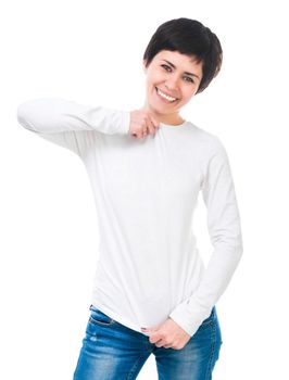 Smiling brunette shows a blank space for the inscription on his jacket