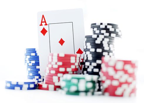 ace and poker chips isolated on white background