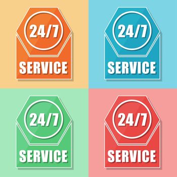 24/7 service, four colors web icons, flat design, business support concept