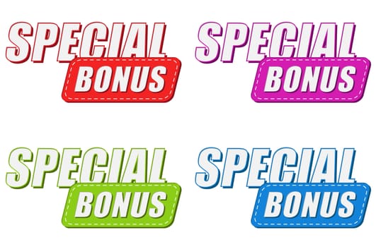special bonus in four colors labels, business shopping concept, flat design