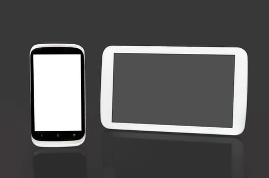 Mobile phone and tablet with blank screen. Modern flat devices with reflection background