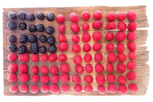 Unusual geometric background pattern of fresh healthy autumn or fall berries arranged in rows to form a rectangle of ripe red raspberries with an inset square of blackberries