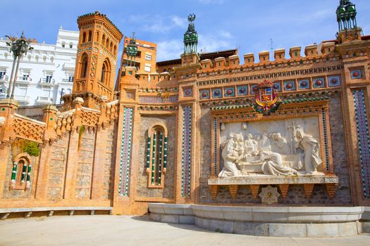 Aragon Teruel Amantes fountain in La Escalinata and Mudejar towers in Spain