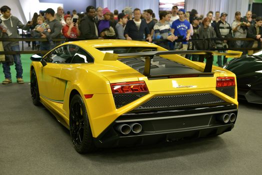 Yellow Lamborghini Gallardo shown at The 2014 Montreal International Auto Show  at the Palais des Congres de Montreal 46th Edition