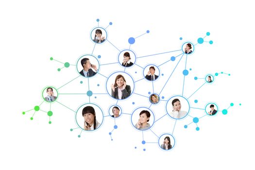 Business network, Asian business people use mobile phones to communicate to each other on white background.