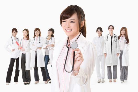 Asian doctor woman stand in front of her team and using stethoscope, closeup portrait on white background.