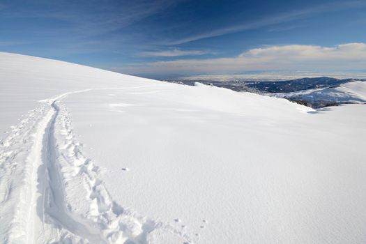 Ski touring (back country skiing) in majestic high mountain scenery, italian Alps