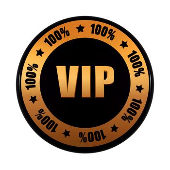 VIP 100 percentages - text in 3d golden black circle label with stars, isolated button, advertisement concept