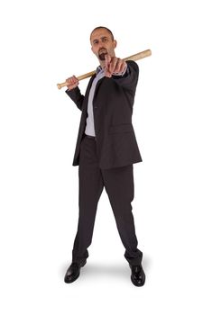 Portrait of angry businessman holding baseball bat over white background