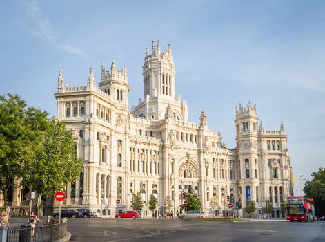MADRID, SPAIN - SEPTEMBER 2, 2013: Palace of communications and Cibeles fountain square in Madrid, Spain