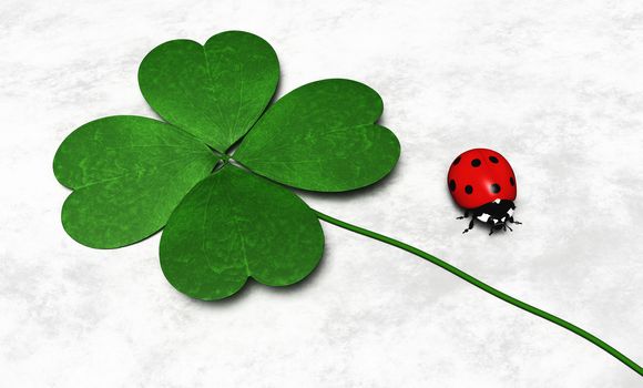 a green four-leaf clover is lying near a ladybug on a white and grey abstract ground