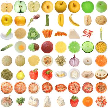 Food collage set of many vegetarian items isolated over white including fruits vegetables and pizza