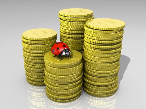 a closeup of four stacks with different heights of shiny golden coins with symbol of the dollar, and a ladybug on top of the front one